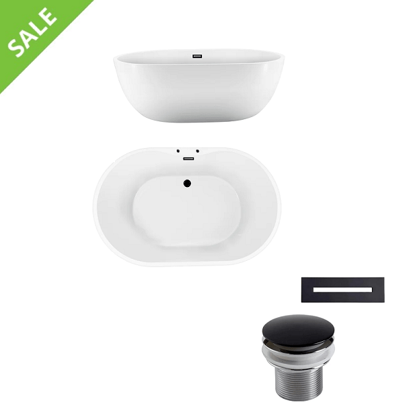 SALE! BARCLAY ATOV7H71WIG-MB PIPER 71 INCH ACRYLIC FREESTANDING OVAL SOAKER BATHTUB WITH MATTE BLACK INTEGRAL DRAIN AND OVERFLOW, 7 INCH RIM HOLES AND INSULATION