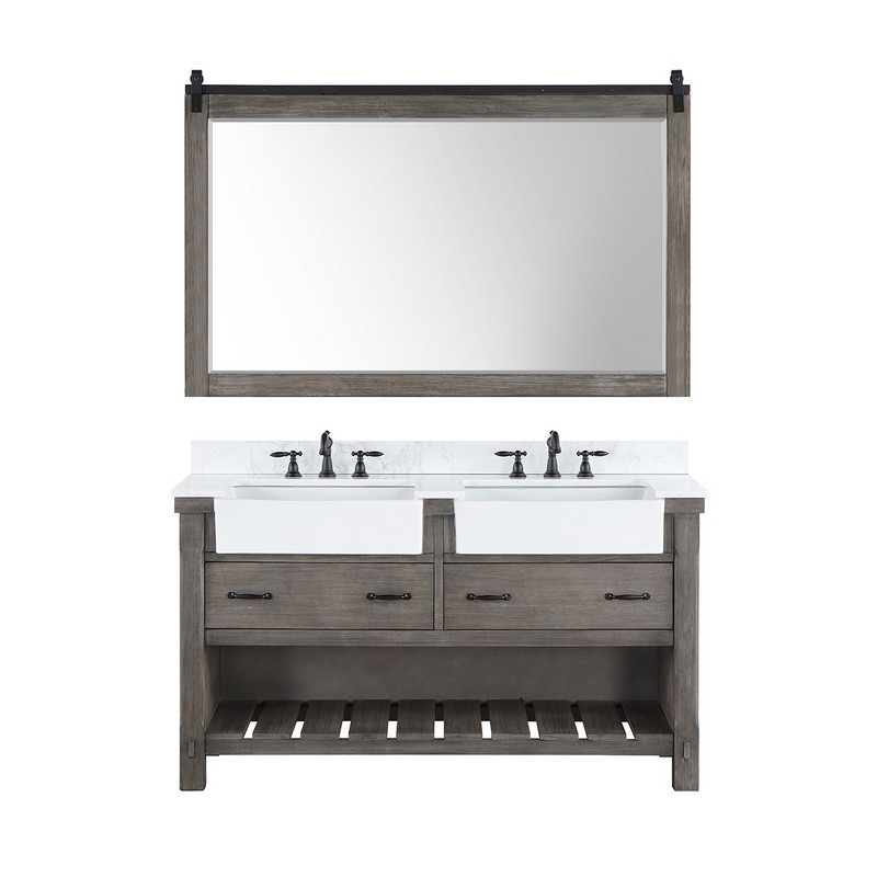 VINNOVA 701660M-GW VILLAREAL 60 INCH FARMHOUSE DOUBLE BASIN BATH VANITY WITH COMPOSITE STONE TOP AND MIRROR IN WHITE