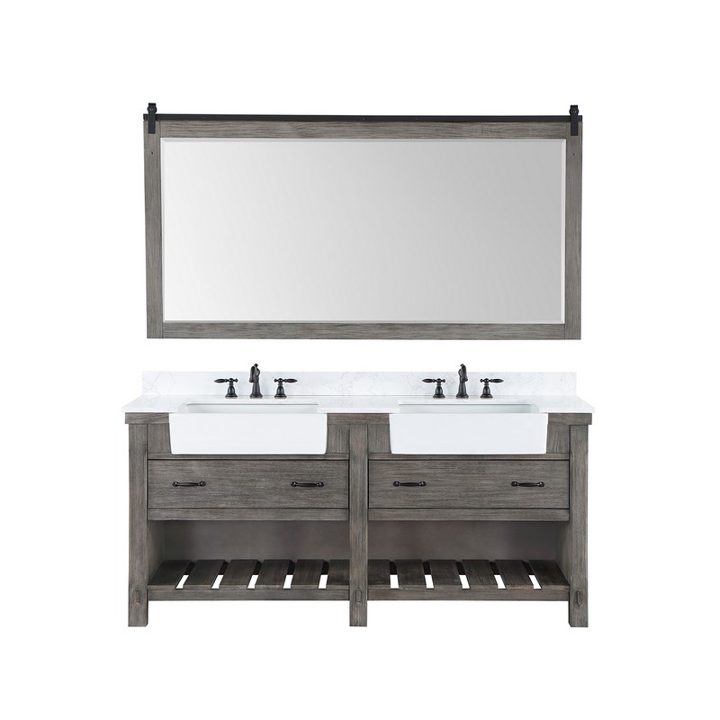 VINNOVA 701672-GW VILLAREAL 72 INCH FARMHOUSE DOUBLE BASIN BATH VANITY WITH COMPOSITE STONE TOP AND MIRROR IN WHITE