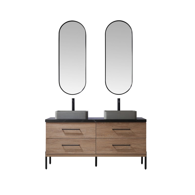 VINNOVA 705160S-NO-SL TRENTO 60 INCH DOUBLE CONCRETE SINK BATH VANITY WITH SINTERED STONE TOP AND MIRROR - NORTH AMERICAN OAK AND BLACK