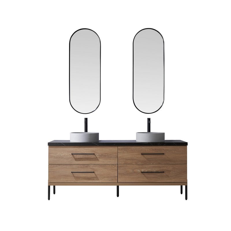 VINNOVA 705172C-NO-SL TRENTO 72 INCH DOUBLE CONCRETE SINK BATH VANITY WITH SINTERED STONE TOP AND MIRROR - NORTH AMERICAN OAK AND BLACK