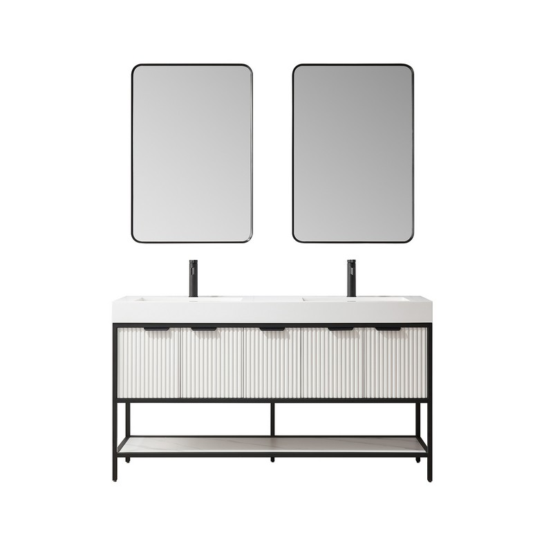 VINNOVA 705260M-WH MARCILLA 59 3/4 INCH DOUBLE SINK BATH VANITY WITH ONE-PIECE COMPOSITE STONE SINK TOP AND MIRROR