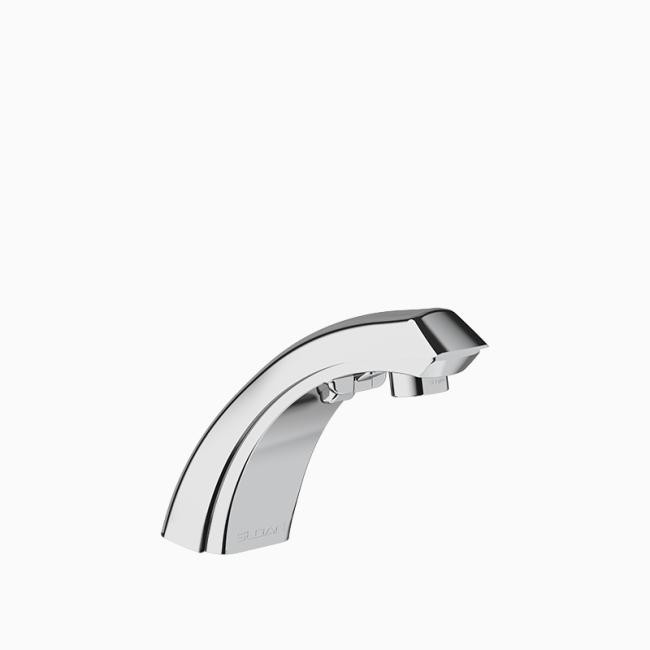 SLOAN 3315107BT OPTIMA 5 3/4 INCH BACK-CHECK TEE BATTERY POWERED DECK MOUNT MID BODY FAUCET WITH MULTI-LAMINAR SPRAY AND 4 INCH TRIM PLATE - POLISHED CHROME