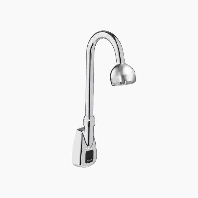 SLOAN 3315157BT OPTIMA 10 1/4 INCH BACK-CHECK TEE BATTERY POWERED WALL MOUNT GOOSENECK BODY FAUCET WITH SHOWER HEAD SPRAY - POLISHED CHROME