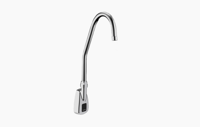 SLOAN 3315158BT OPTIMA 16 3/8 INCH BACK-CHECK TEE BATTERY POWERED WALL MOUNT GOOSENECK BODY FAUCET WITH LAMINAR SPRAY AND SURGICAL BEND SPOUT - POLISHED CHROME