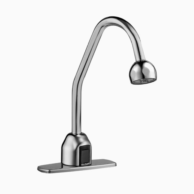 SLOAN 3315167BT OPTIMA 12 1/4 INCH BATTERY POWERED DECK MOUNT GOOSENECK BODY FAUCET WITH SURGICAL BEND SPOUT AND SHOWER HEAD SPRAY - POLISHED CHROME