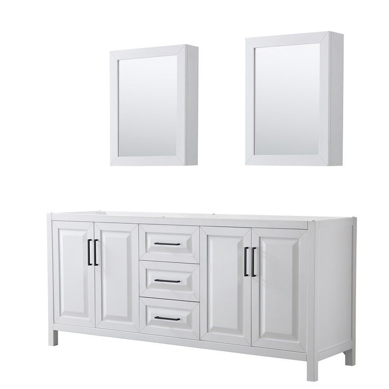 WYNDHAM COLLECTION WCV252580DWBCXSXXMED DARIA 78 3/4 INCH DOUBLE BATHROOM VANITY IN WHITE, NO COUNTERTOP, NO SINK, MATTE BLACK TRIM AND MEDICINE CABINETS