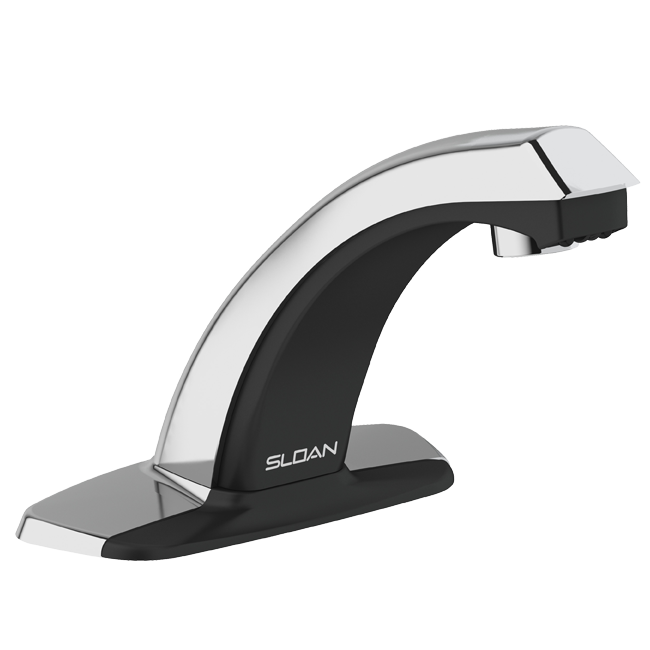SLOAN 3315047BT OPTIMA 5 3/4 INCH BATTERY POWERED DECK MOUNTED MID BODY FAUCET WITH MULTI-LAMINAR SPRAY AND 8 INCH TRIM PLATE - POLISHED CHROME