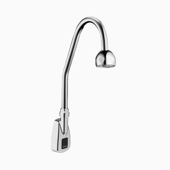 SLOAN 3315373BT OPTIMA 14 7/8 INCH BATTERY AND TURBINE POWERED WALL MOUNT GOOSENECK BODY FAUCET WITH SHOWER HEAD SPRAY AND SURGICAL BEND - POLISHED CHROME