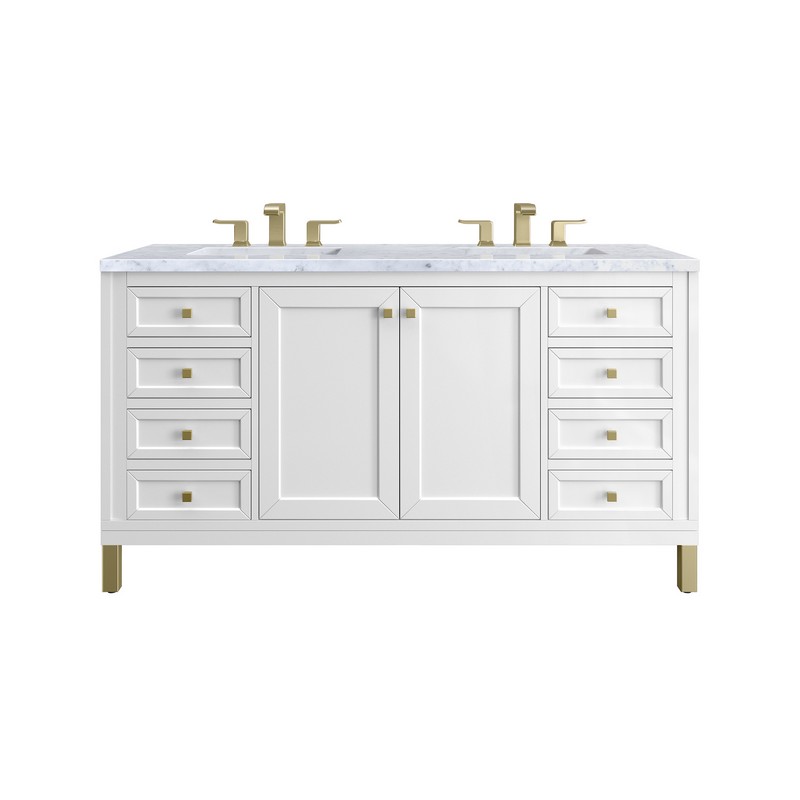 JAMES MARTIN 305-V60D-GW-3CAR CHICAGO 60 INCH GLOSSY WHITE DOUBLE SINK VANITY WITH 3 CM CARRARA MARBLE TOP