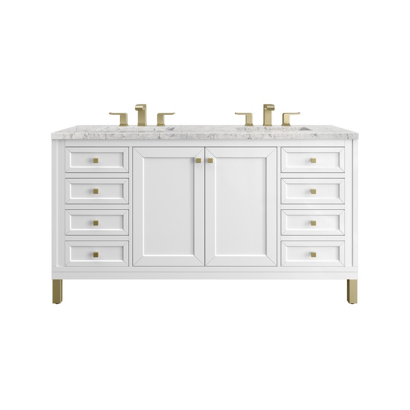 JAMES MARTIN 305-V60D-GW-3EJP CHICAGO 60 INCH GLOSSY WHITE DOUBLE SINK VANITY WITH 3 CM ETERNAL JASMINE PEARL TOP