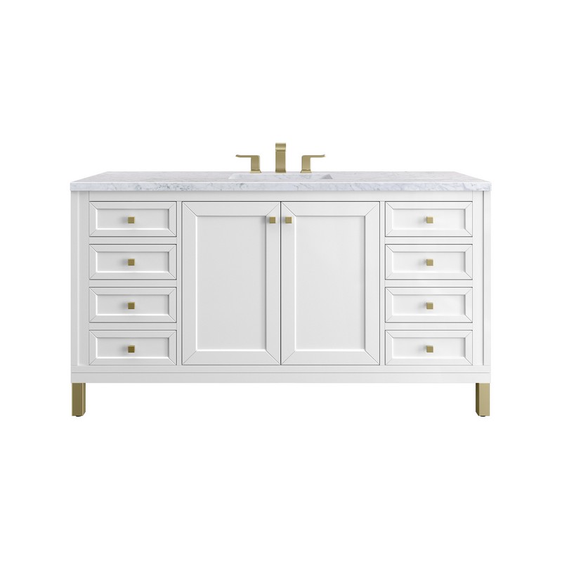 JAMES MARTIN 305-V60S-GW-3CAR CHICAGO 60 INCH GLOSSY WHITE SINGLE SINK VANITY WITH 3 CM CARRARA MARBLE TOP