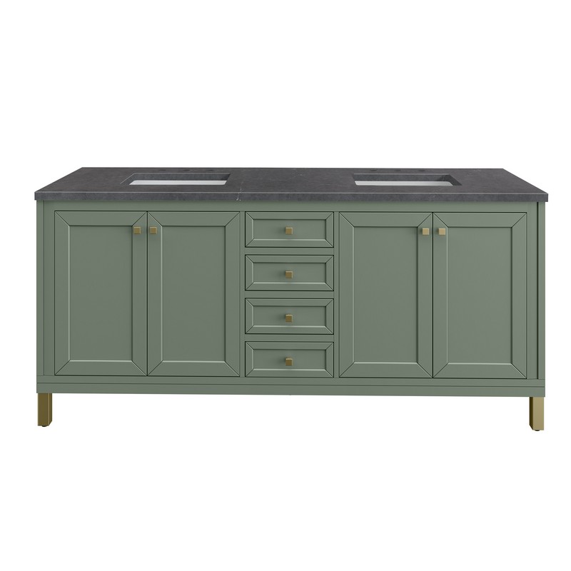 JAMES MARTIN 305-V72-SC-3CSP CHICAGO 72 INCH SMOKEY CELADON DOUBLE SINK VANITY WITH 3 CM CHARCOAL SOAPSTONE TOP