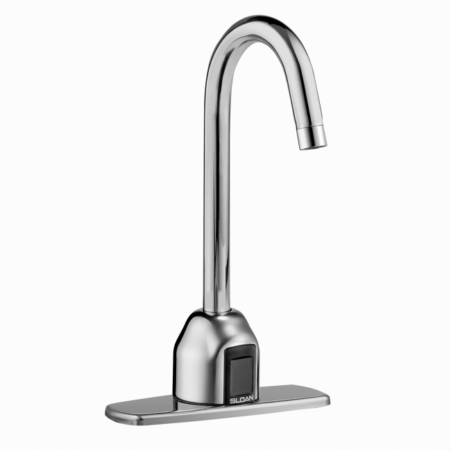 SLOAN 3365180BT OPTIMA 10 1/4 INCH BOX TRANSFORMER HARDWIRED POWERED DECK MOUNT GOOSENECK BODY FAUCET WITH LAMINAR SPRAY AND 8 INCH TRIM PLATE - POLISHED CHROME