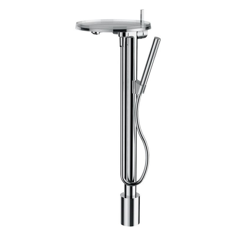 LAUFEN H3213310041211 KARTELL COLUMN SINGLE LEVER BATH MIXER DISC COMPLETE WITH FLEXIBLE HOSE AND HAND SHOWER WITH STORAGE TRAY DISC TRANSPARENT CRYSTAL - CHROME