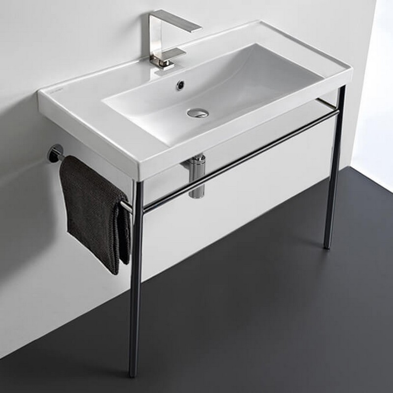 SCARABEO 3005-CON-ONE HOLE ML 36 1/4 INCH CERAMIC CONSOLE BATHROOM SINK WITH CHROME STAND