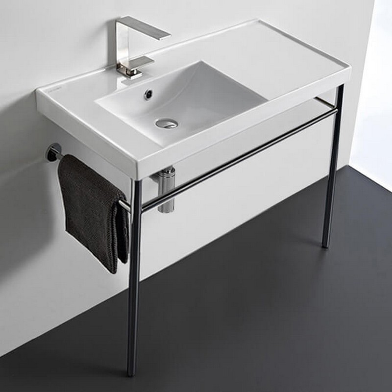 SCARABEO 3008-CON-ONE HOLE ML36 1/4 INCH CERAMIC CONSOLE BATHROOM SINK WITH CHROME STAND