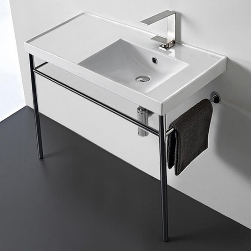 SCARABEO 3009-CON-ONE HOLE ML 36 1/4 INCH CERAMIC CONSOLE BATHROOM SINK WITH CHROME STAND