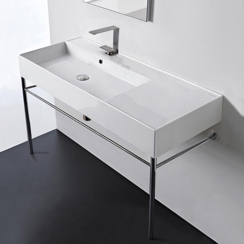 SCARABEO 5119-CON-ONE HOLE TEOREMA 2 39 3/4 INCH CERAMIC CONSOLE BATHROOM SINK WITH CHROME STAND