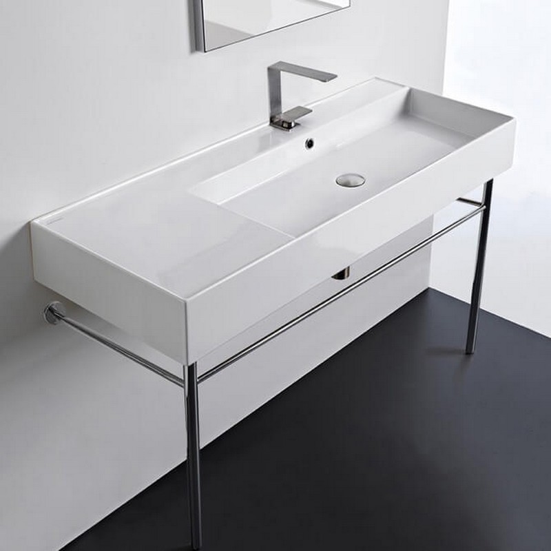SCARABEO 5122-CON-ONE HOLE TEOREMA 2 47 5/8 INCH CERAMIC CONSOLE BATHROOM SINK WITH CHROME STAND