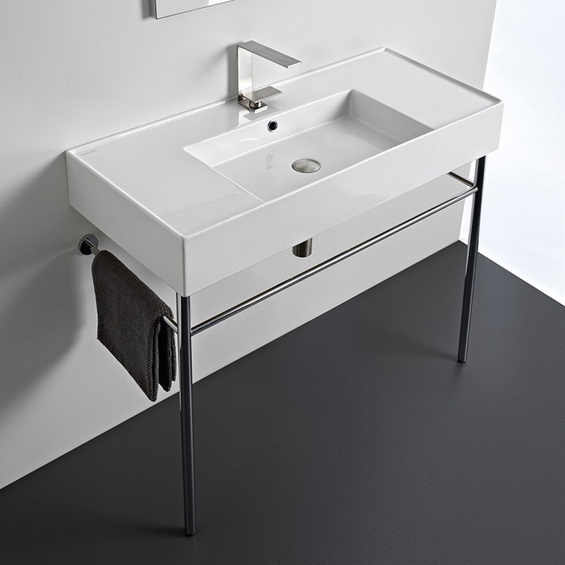 SCARABEO 5124-CON TEOREMA 2 40 INCH CERAMIC CONSOLE BATHROOM SINK WITH CHROME STAND