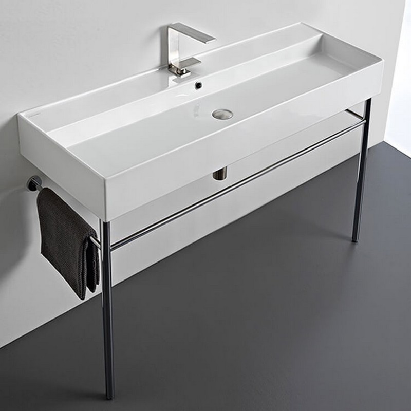SCARABEO 8031/R-120A-CON-ONE HOLE TEOREMA 47 1/4 INCH CERAMIC CONSOLE BATHROOM SINK WITH CHROME STAND