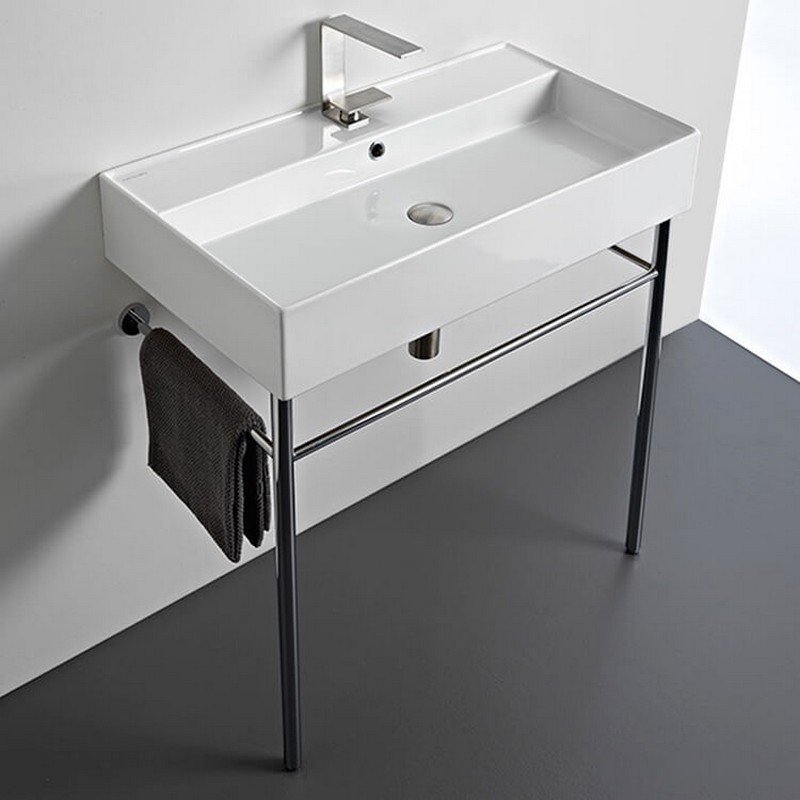 SCARABEO 8031/R-80-CON TEOREMA 31 1/2 INCH CERAMIC CONSOLE BATHROOM SINK WITH CHROME STAND