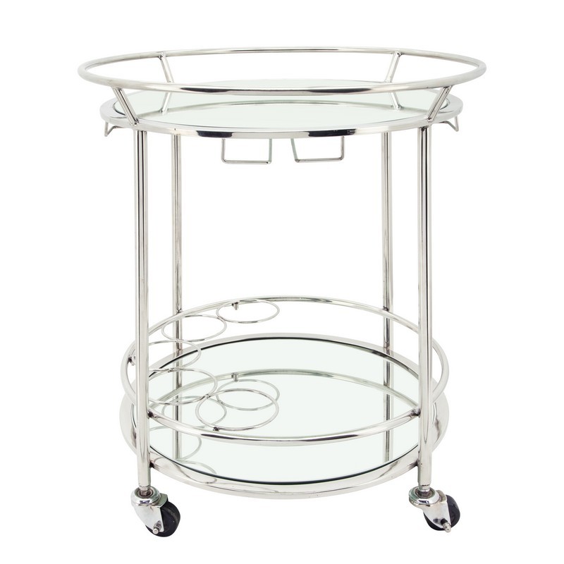 SAGEBROOK HOME 16306-01 24 INCH TWO TIER ROUND ROLLING BAR CART - SILVER