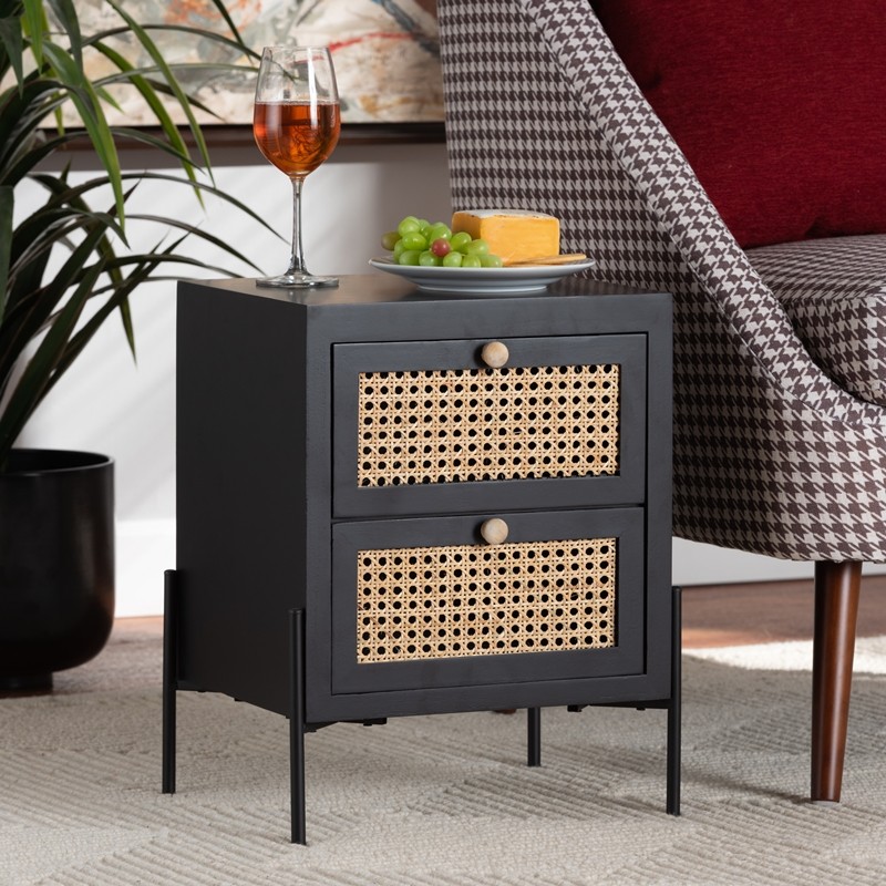BAXTON STUDIO 7632-BLACK/RATTAN-ET RIMBA 13 3/4 INCH MID-CENTURY MODERN NATURAL RATTAN AND BLACK FINISHED WOOD 2-DRAWER END TABLE