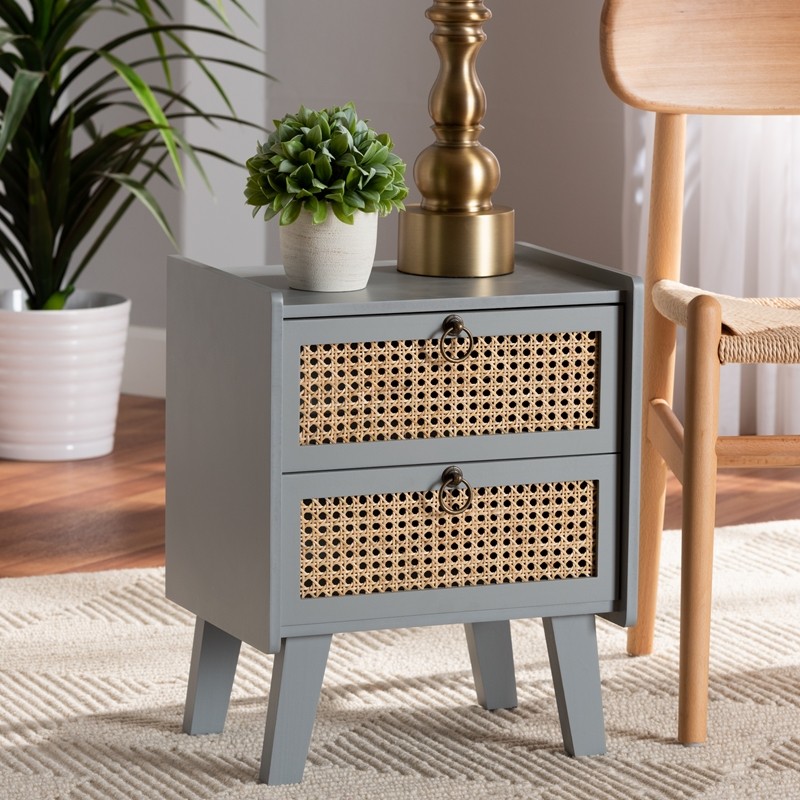 BAXTON STUDIO 7633-GREY/RATTAN-ET WALLER 15 3/4 INCH MID-CENTURY MODERN NATURAL RATTAN AND GREY FINISHED WOOD 2-DRAWER END TABLE