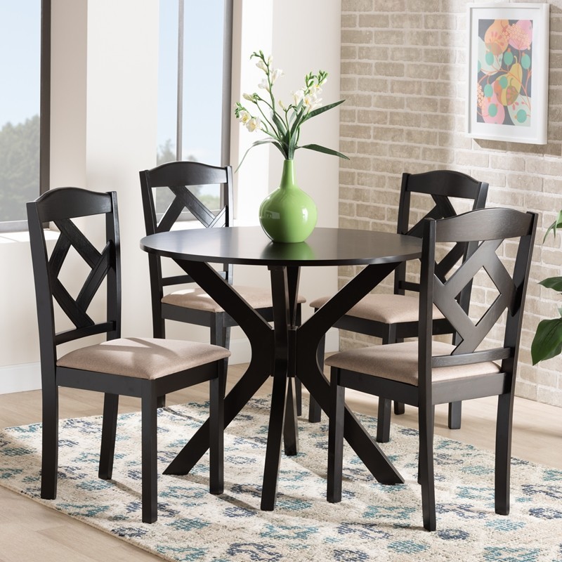 BAXTON STUDIO CARLIN-SAND/DARK BROWN-5PC DINING SET CARLIN FABRIC UPHOLSTERED AND WOOD 5-PIECE DINING SET - SAND AND DARK BROWN