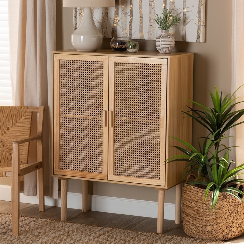BAXTON STUDIO FM203-008-NATURAL WOODEN-CABINET MACLEAN 31 1/2 INCH MID-CENTURY MODERN RATTAN AND WOOD 2-DOOR STORAGE CABINET - NATURAL BROWN