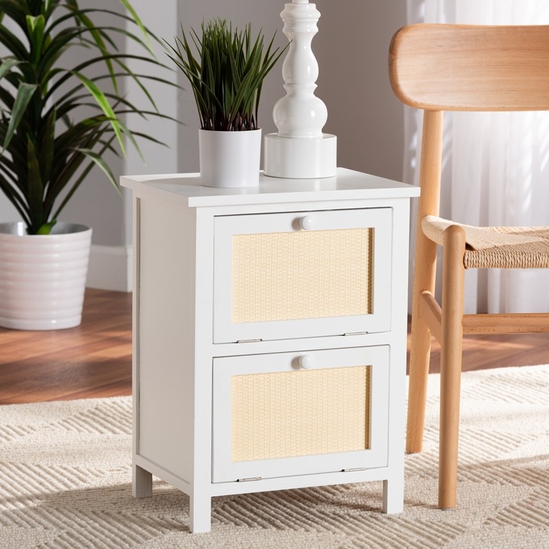 BAXTON STUDIO FMA-0176-WOODEN 2 DRAWER-ET SARIAH 15 3/4 INCH MID-CENTURY MODERN WHITE FINISHED WOOD AND RATTAN 2-DOOR END TABLE