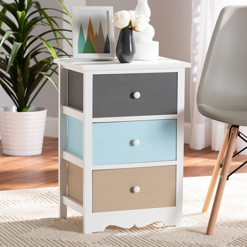 BAXTON STUDIO FZC180826-MULTI COLORED-ET KALILA 16 1/2 INCH MODERN AND CONTEMPORARY WHITE AND MULTI-COLORED FINISHED WOOD 3-DRAWER END TABLE
