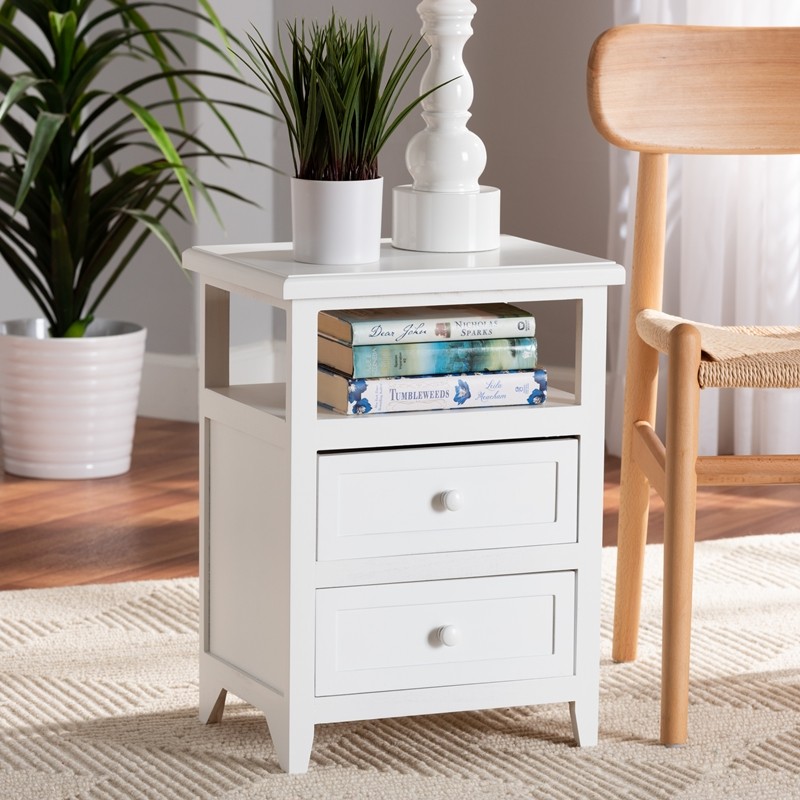 BAXTON STUDIO FZCABINET190808-WHITE WOODEN-2DW-ET KARSEN 15 3/4 INCH MODERN AND CONTEMPORARY WHITE FINISHED WOOD 2-DRAWER END TABLE