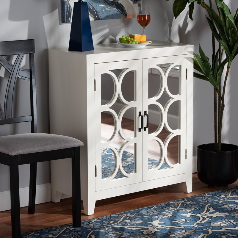 BAXTON STUDIO JY20B073-WHITE/MIRROR-SIDEBOARD GARCELLE 29 7/8 INCH MODERN AND CONTEMPORARY WOOD AND MIRRORED GLASS 2-DOOR SIDEBOARD - WHITE