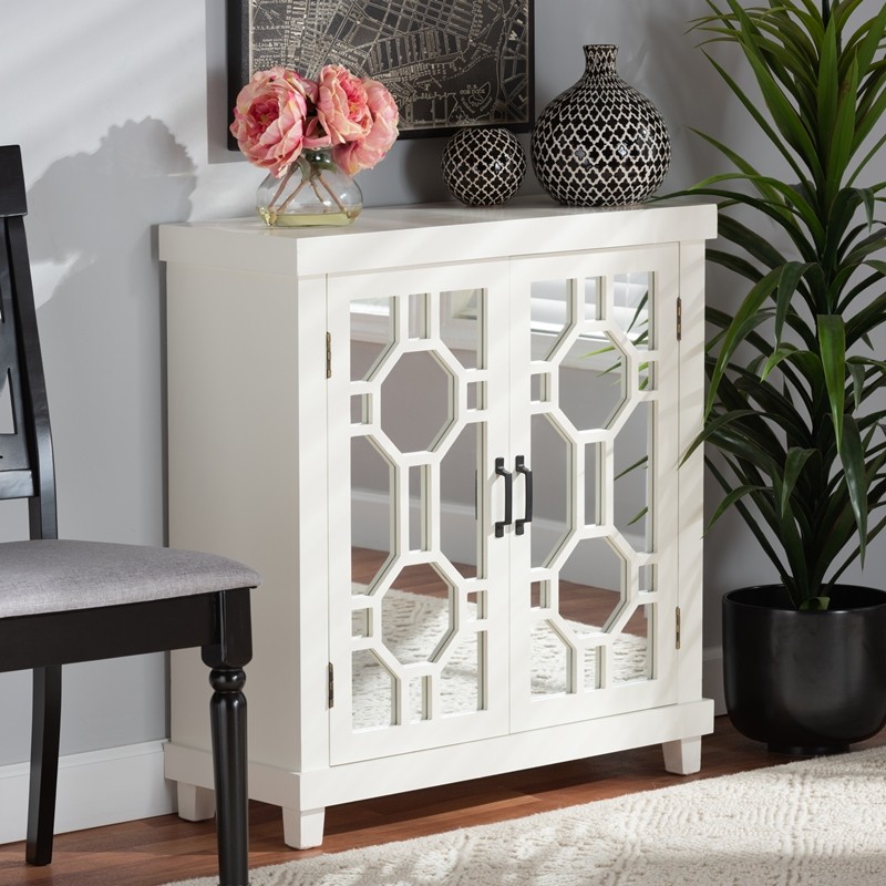 BAXTON STUDIO JY20B076-WHITE/MIRROR-SIDEBOARD CARLENA 31 1/2 INCH MODERN AND CONTEMPORARY WOOD AND MIRRORED GLASS 2-DOOR SIDEBOARD - WHITE