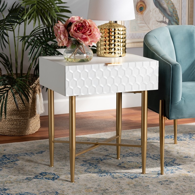 BAXTON STUDIO JY20B123-WHITE/GOLD-ET MARCIN 20 1/8 INCH CONTEMPORARY GLAM AND LUXE WHITE FINISHED WOOD AND GOLD METAL 1-DRAWER END TABLE