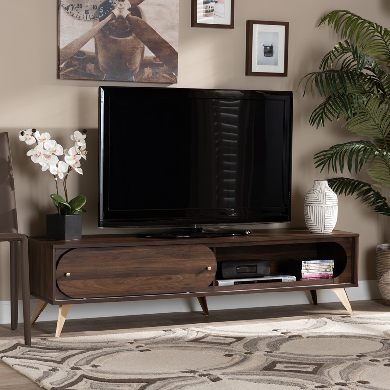 BAXTON STUDIO LV12TV12120WI-COLUMBIA-TV DENA 63 INCH MID-CENTURY MODERN WOOD AND TV STAND - WALNUT BROWN AND GOLD