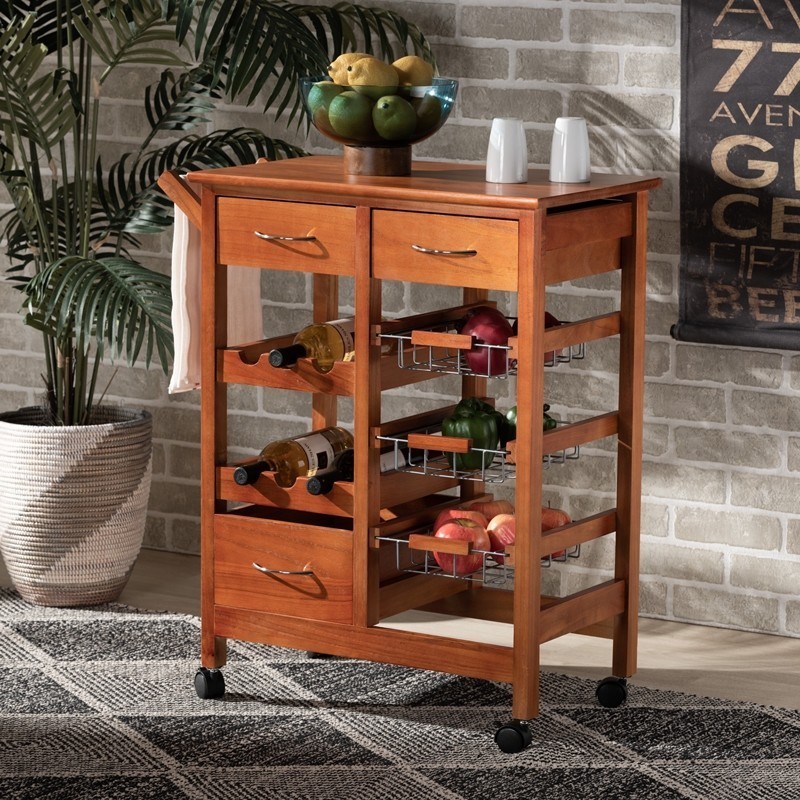 BAXTON STUDIO LYA20-048-WOODEN-KITCHEN CART CRAYTON 23 5/8 INCH MODERN AND CONTEMPORARY WOOD AND METAL MOBILE KITCHEN STORAGE CART - OAK BROWN AND SILVER-TONE