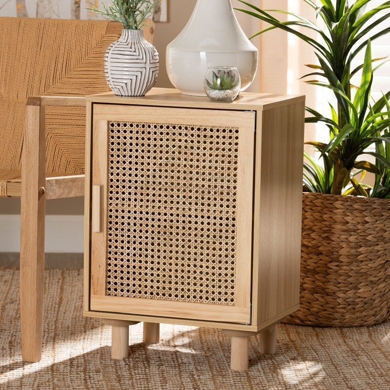 BAXTON STUDIO LYA20-104-NATURAL WOODEN-ET MACLEAN 15 3/4 INCH MID-CENTURY MODERN RATTAN AND NATURAL BROWN FINISHED WOOD 1-DOOR END TABLE