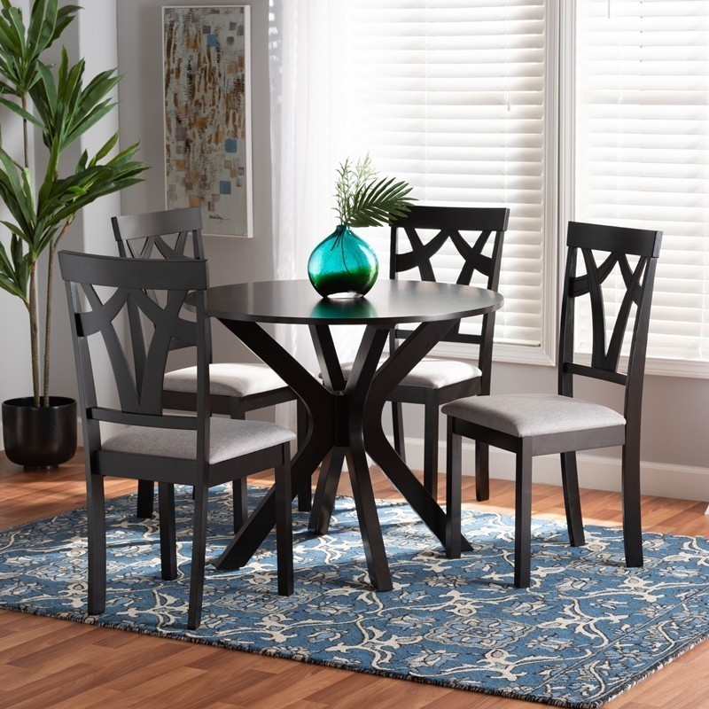 BAXTON STUDIO LUISE-GREY/DARK BROWN-5PC DINING SET LUISE 35 3/8 INCH MODERN AND CONTEMPORARY FABRIC UPHOLSTERED AND WOOD 5-PIECE DINING SET - GREY AND DARK BROWN