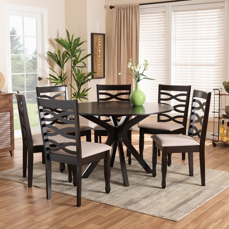 BAXTON STUDIO MILA-DARK BROWN-7PC DINING SET MILA MODERN AND CONTEMPORARY FABRIC UPHOLSTERED DARK BROWN WOOD 7-PIECE DINING SET