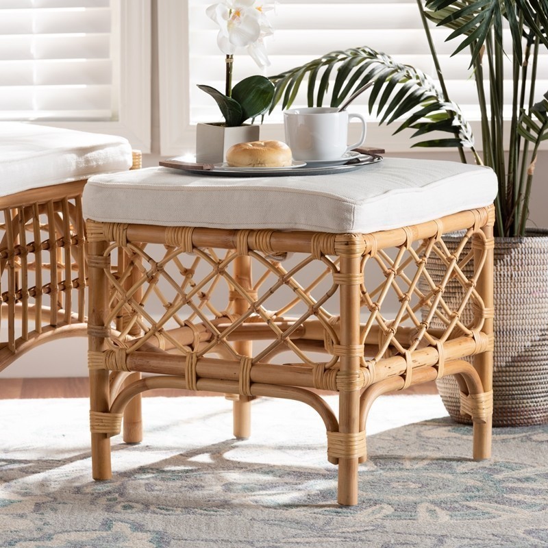BAXTON STUDIO ORCHARD-RATTAN-OTTO ORCHARD 18 1/2 INCH MODERN BOHEMIAN FABRIC UPHOLSTERED AND RATTAN OTTOMAN - WHITE AND NATURAL BROWN