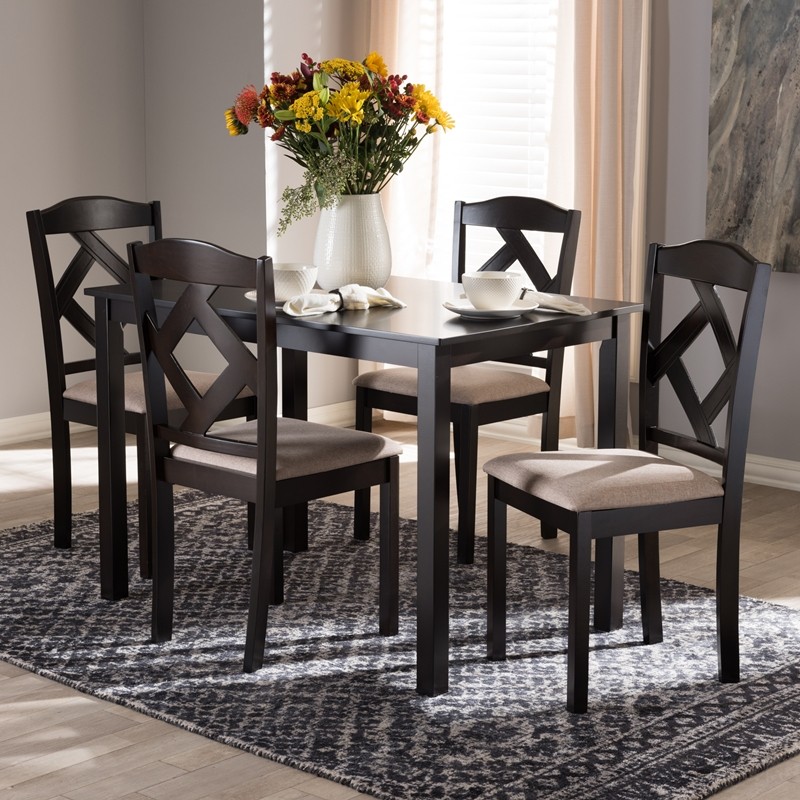 BAXTON STUDIO RH133C-DARK BROWN/DINING SET RUTH MODERN AND CONTEMPORARY FABRIC UPHOLSTERED AND 5-PIECE DINING SET