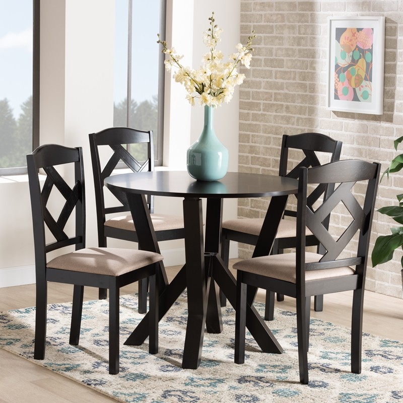 BAXTON STUDIO RIONA-SAND/DARK BROWN-5PC DINING SET RIONA 35 3/8 INCH FABRIC UPHOLSTERED AND WOOD 5-PIECE DINING SET - SAND AND DARK BROWN