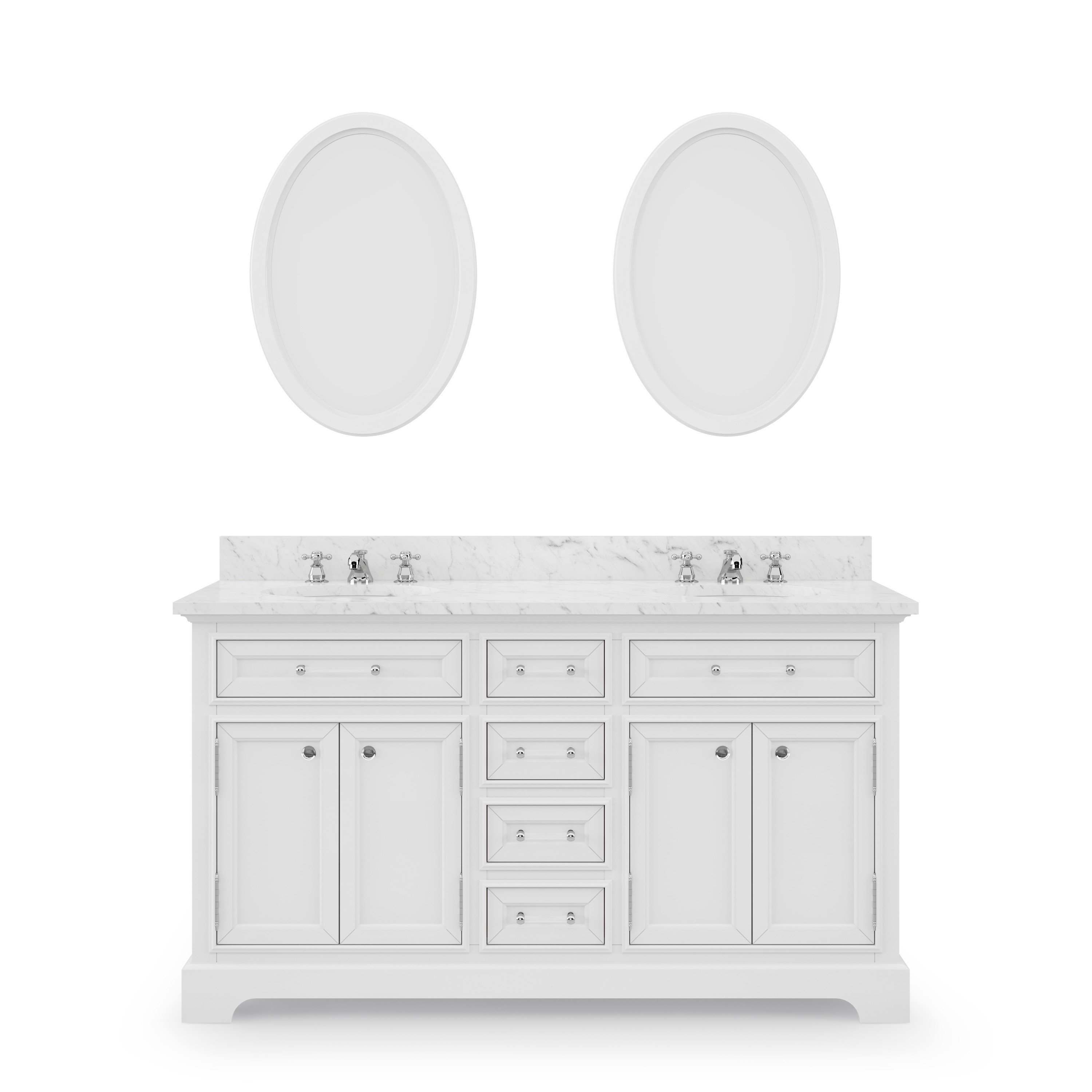 WATER-CREATION DE60CW01PW-O21BX0901 DERBY 60 INCH PURE WHITE DOUBLE SINK BATHROOM VANITY WITH 2 MATCHING FRAMED MIRRORS AND FAUCETS