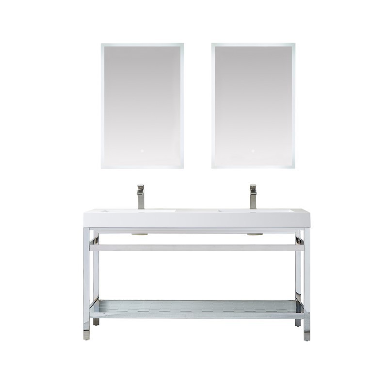 VINNOVA 702860M-WH ABLITAS 59 3/4 INCH DOUBLE SINK BATH VANITY METAL SUPPORT WITH WHITE ONE-PIECE COMPOSITE STONE SINK TOP AND MIRROR