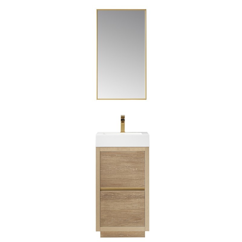 VINNOVA 703018-NO-WH HUESCA 17 3/4 INCH SINGLE SINK BATH VANITY IN NORTH AMERICAN OAK WITH WHITE COMPOSITE INTEGRAL SQUARE SINK TOP AND MIRROR