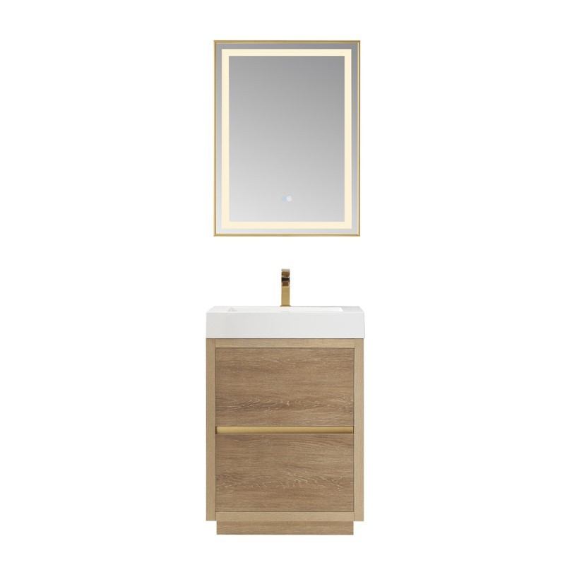 VINNOVA 703024-NO-WH HUESCA 24 INCH SINGLE SINK BATH VANITY IN NORTH AMERICAN OAK WITH WHITE COMPOSITE INTEGRAL SQUARE SINK TOP AND MIRROR